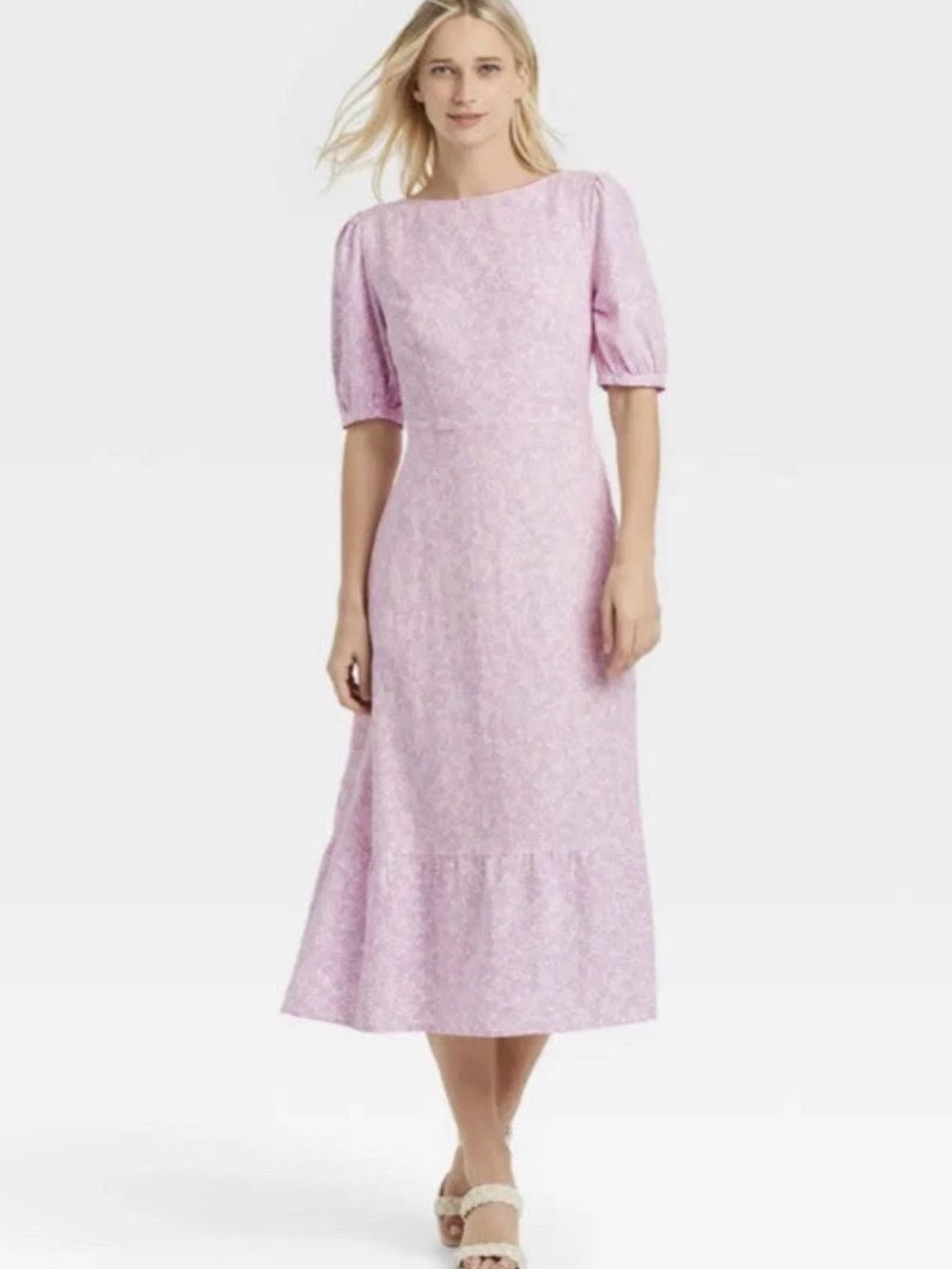 Lilac Midi Dress - Women's Elegant Puff Sleeve Dress